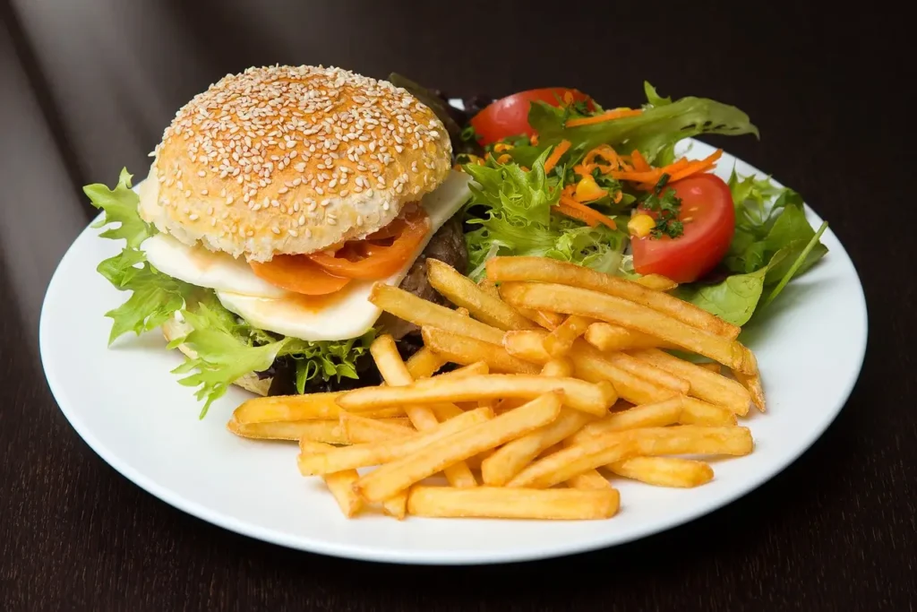Juicy plant-based burger with lettuce, tomato, and vegan cheese in a toasted bun